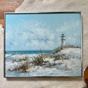 Original Gordon Oil Painting Seascapes Lighthouse Ocean Seagulls. Authentic Art